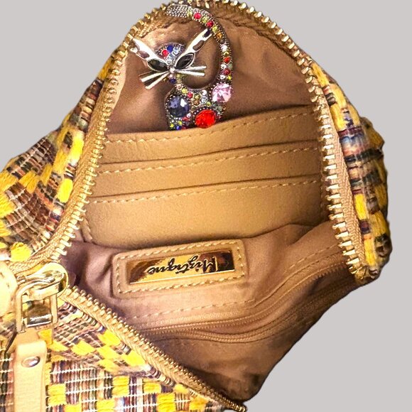 Colorful Miztique Cotton Woven Large Wristlet Tan Leather Straps Gold Hardware - Picture 1 of 8